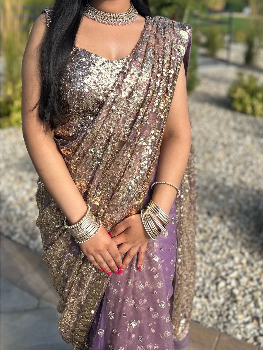 Sequined Lavender Saree with Gold Embellishment